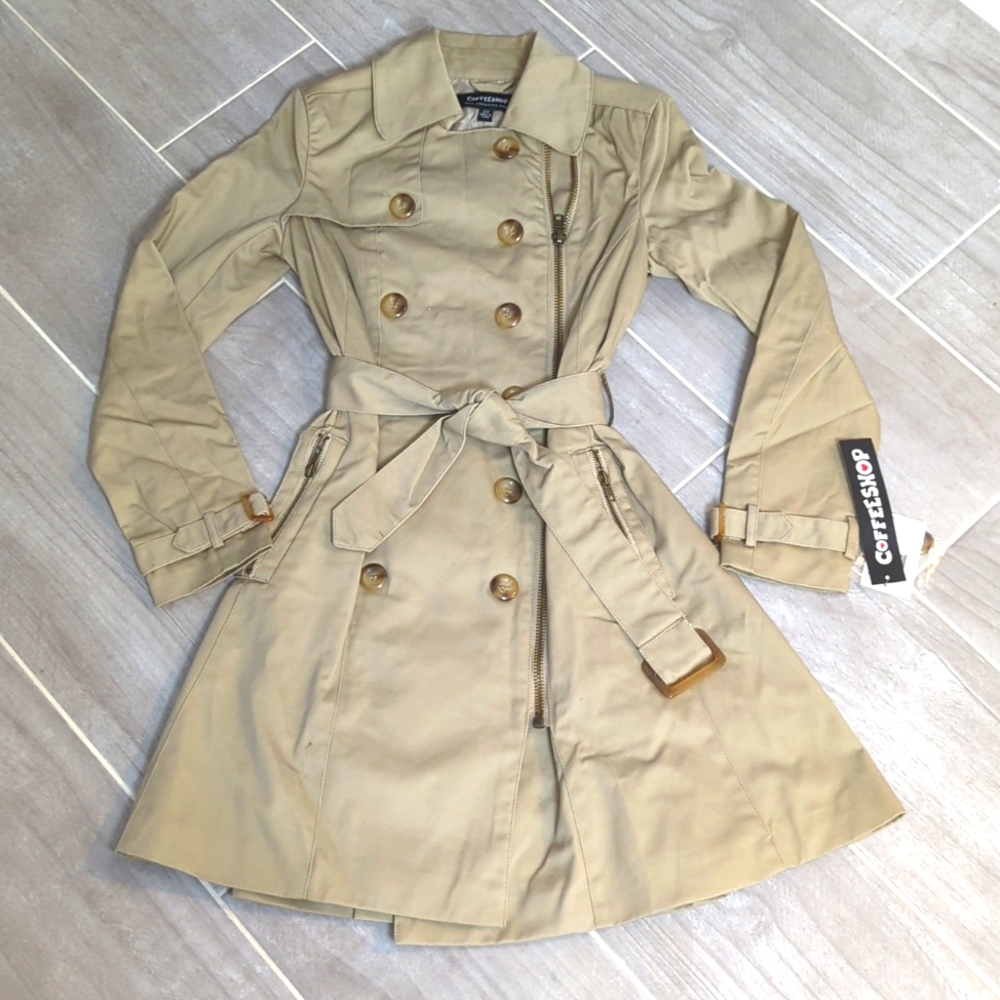 Nordstrom coffeeshop military green double breasted waist tie trench jacket XS 0